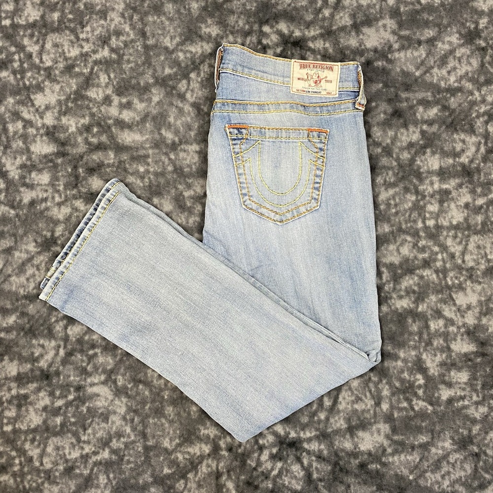 True Religion Ricky Slim Straight Jeans Mens 33x25 Light Wash Embroidered Denim